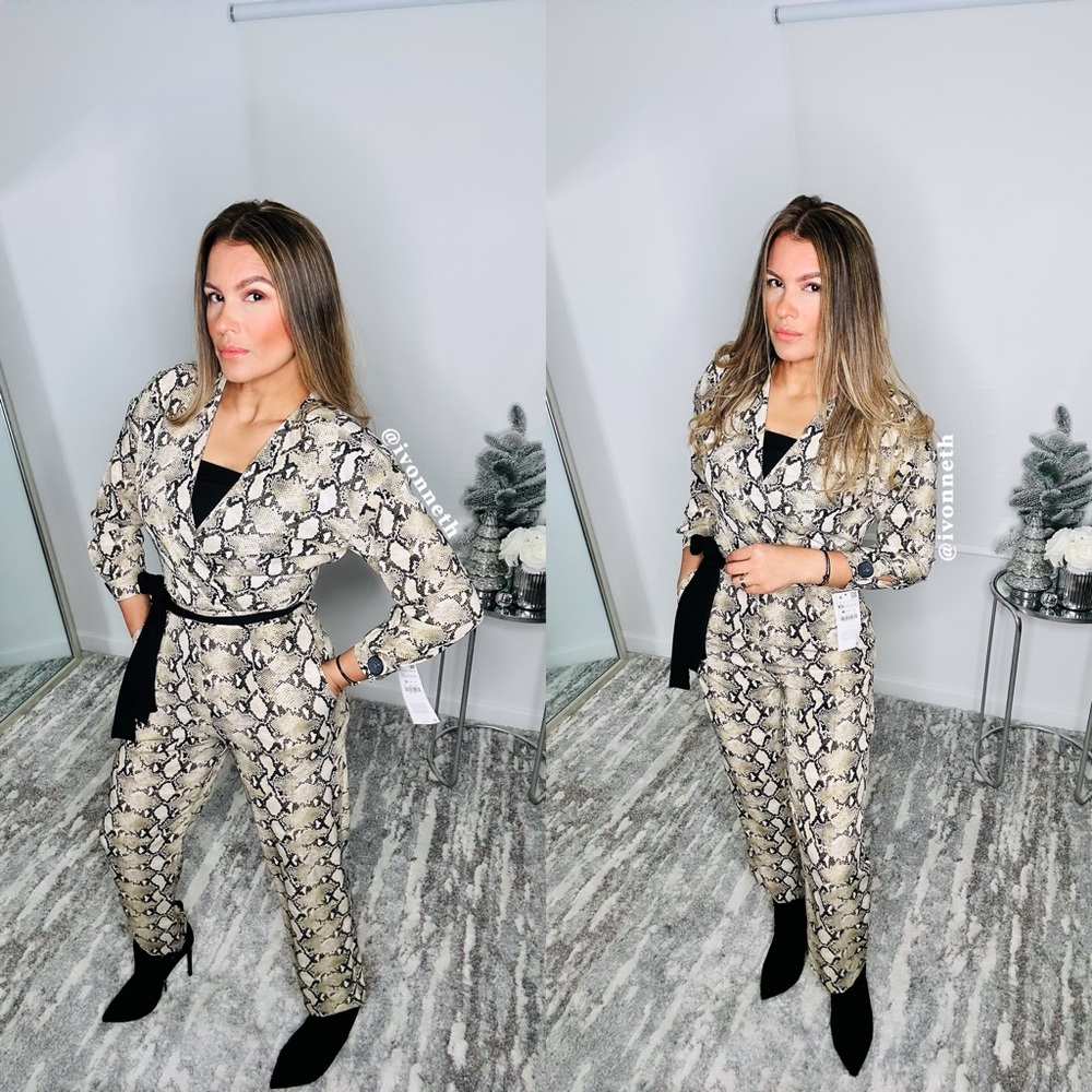 New Zara Snake Print Jumpsuit with tie belt NWT